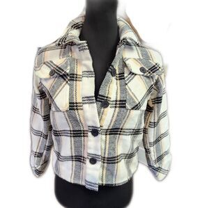 GB Girls, Button Front, Cropped Flannel Plaid Jacket, White Pink Black, M